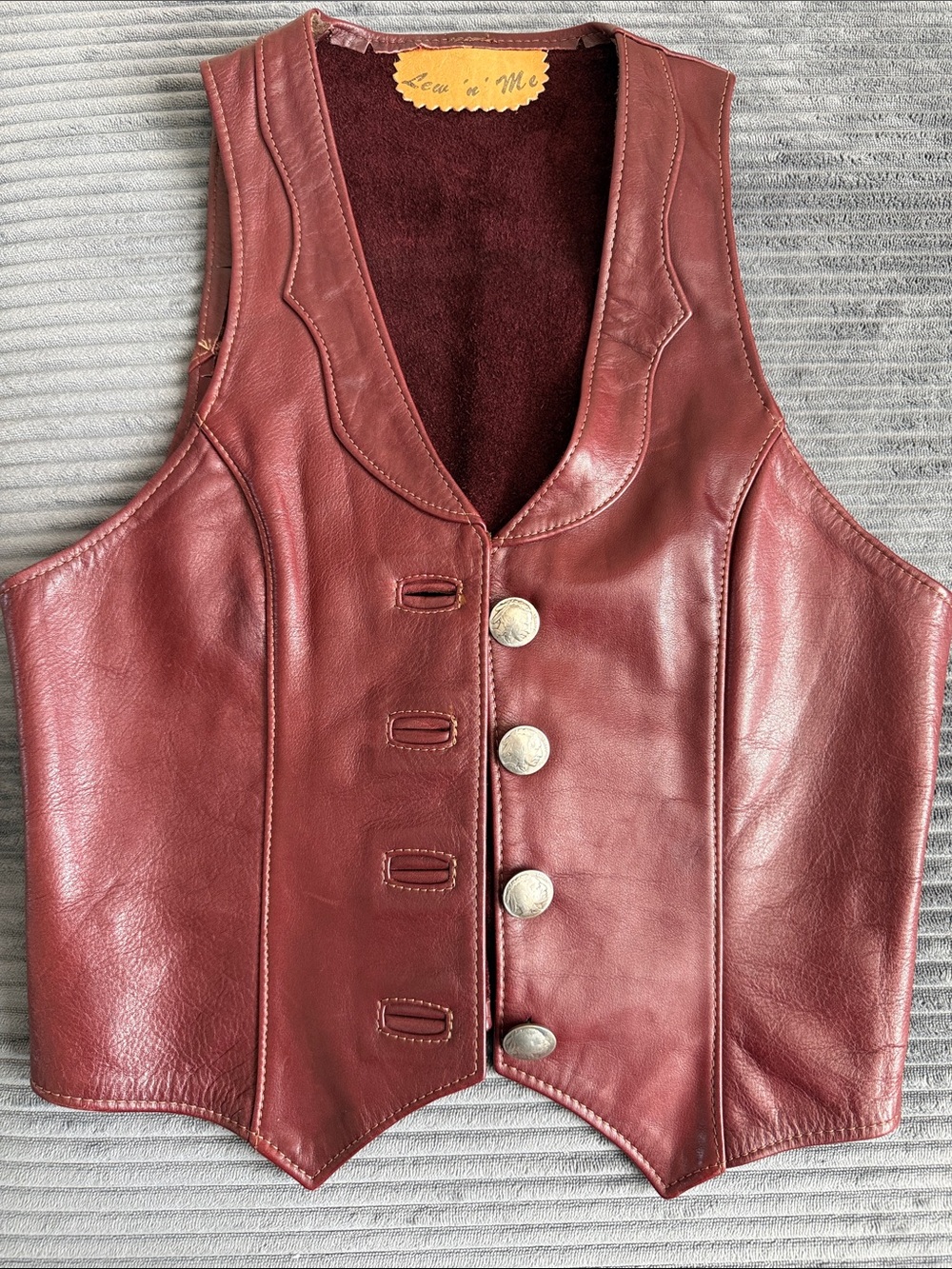 Lew ‘n’ Me - Burgundy Leather Vest with Indian Head nickel
